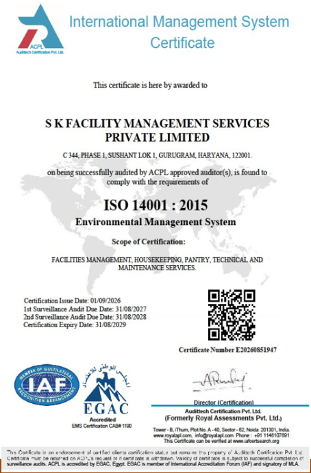 ISO 14001:2015 environmental management certificate awarded to SK Facility Management Services Pvt. Ltd.