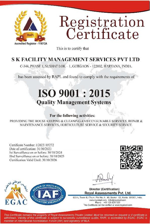 ISO 9001:2015 quality management certificate awarded to SK Facility Management Services Pvt. Ltd.